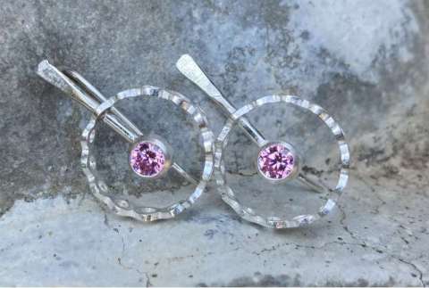 Sterling Silver Wheel Earrings With Pink CZ