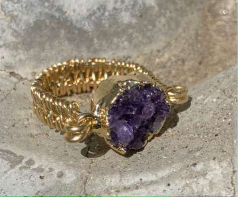 Brass Wrapped Amethyst Druzy Ring