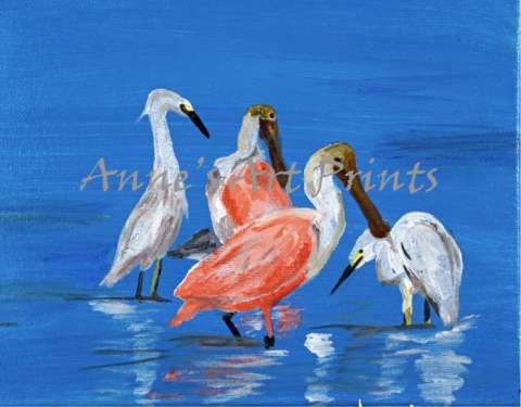 Spoonbills & Egrets - 8 X 10 Acrylic on Canvas