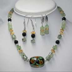 Lampwork Focal Bead, Citron and Prehenite Bead Necklace Set