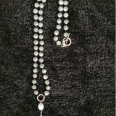Black and White Japer Hand Tied Beaded Necklace W/Fossil Pendant and Pearl Accent.