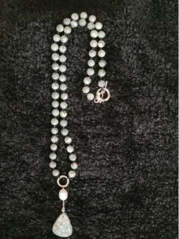 Black and White Japer Hand Tied Beaded Necklace W/Fossil Pendant and Pearl Accent.