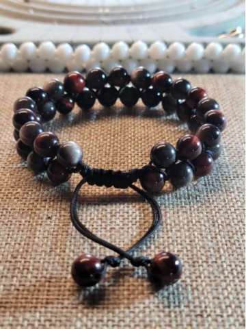 Red Tiger Eye and Silver Obsidian Gemstone Double Bracelet