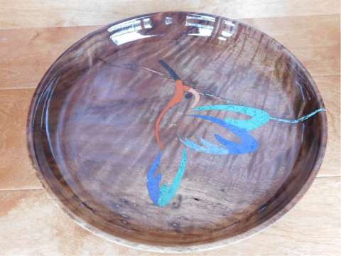 Walnut Platter With Stone Hummingbird Inlay