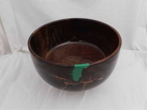 Large Walnut Bowl With Malachite and Copper