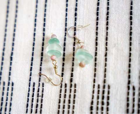 Stacked Sea Glass Beaded Earrings W/ Pink Accent Beads