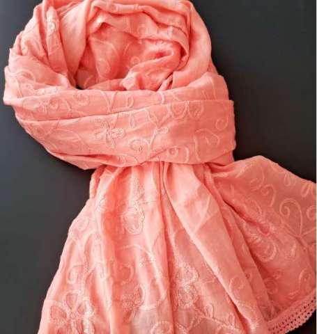 Chikhan Embroidered Peach Cotton Muslin Scarf