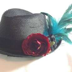 Black Fedora with Red Rose and Feathers