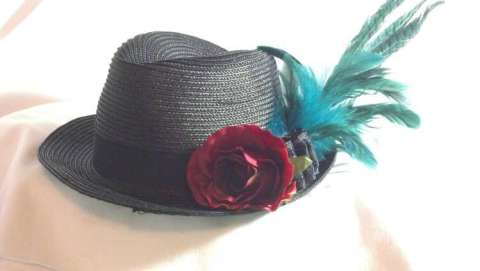 Black Fedora with Red Rose and Feathers