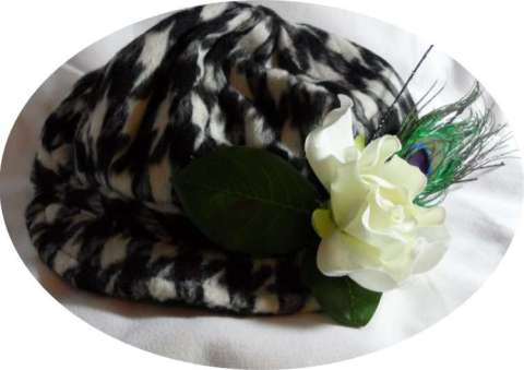 Houndstooth Hat with White Flower and Feathers