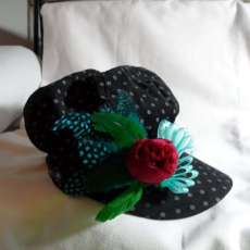 Black Hat with Small White Polka Dots Flower and Turquoise Ribbon
