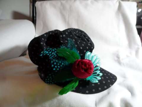 Black Hat with Small White Polka Dots Flower and Turquoise Ribbon