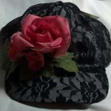 Black Lace Cap with Coral Rose
