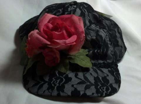 Black Lace Cap with Coral Rose