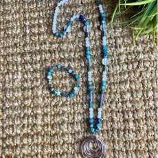 Silver Open Circle Pendant W/Blue Sediment Jasper, Matte White Druzy and Blue Imperial Jasper Tube Beads