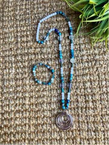 Silver Open Circle Pendant W/Blue Sediment Jasper, Matte White Druzy and Blue Imperial Jasper Tube Beads