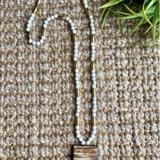 Ox Bone Pendant, Neutral Wooden and Brass Tube Beads