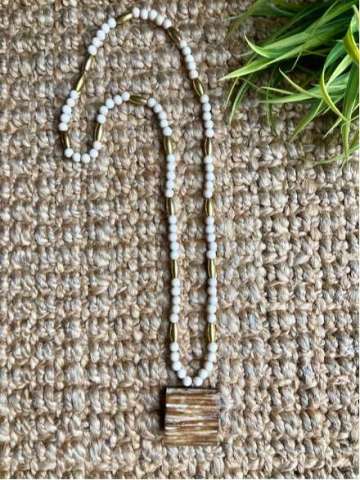 Ox Bone Pendant, Neutral Wooden and Brass Tube Beads