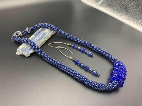 Cobalt Blue Bejeweled Necklace and Earring Set