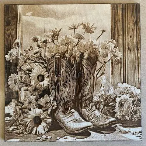 Flower Cowboy Boots Wood Engraving