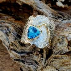 14kt/Silver Ring W Blue Topaz Trillion Cut Stone