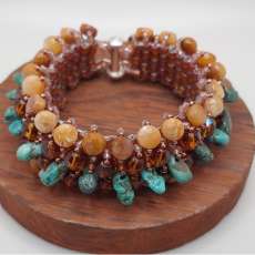 Turquoise and Fossil Coral Embellished Square Stitch Bracelet