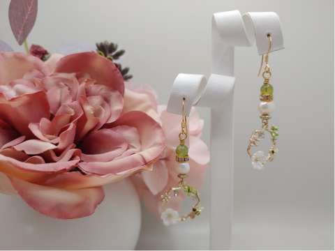 Asymmetrical Fresh Water Baroque Pearl and Green Peridot Garden Party Drop Earrings