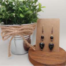 Black Jasper Natural Stone and Ceramic Heart Earrings