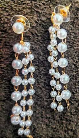 Elegant Faux Pearl Drop Earrings With Gold Tone Chains
