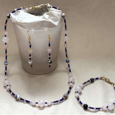 Rose Quartz & Sodalite Gemstones, Matte Blue & Gold-Lined Clear Glass