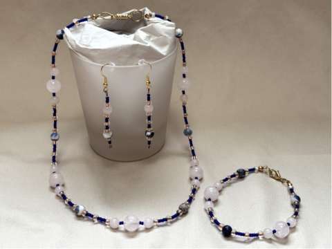 Rose Quartz & Sodalite Gemstones, Matte Blue & Gold-Lined Clear Glass