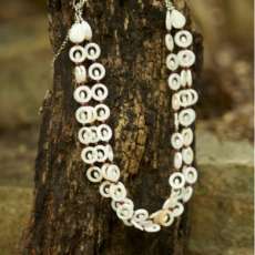 Necklace, Mother of Pearl and Garnet With Sterling Silver Findings and An Adjustable Clasp With An Extension Chain