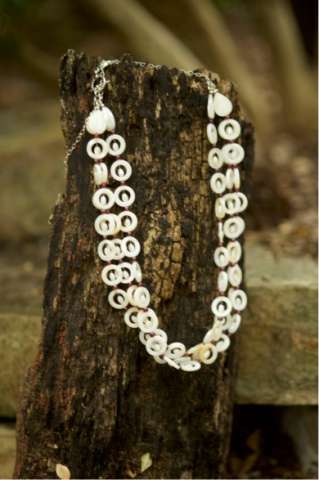 Necklace, Mother of Pearl and Garnet With Sterling Silver Findings and An Adjustable Clasp With An Extension Chain