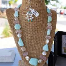 Necklace and Earrings; Necklace Contains Pink Rose Quartz, Peruvian Blue Opal, and White Freshwater Disc-Shaped Pearls With Sterling Silver Findings; Earrings Contain Coordinating White Freshwater Pearls and Tiny Amazonite Rounds on Sterling Silver Hooks.
