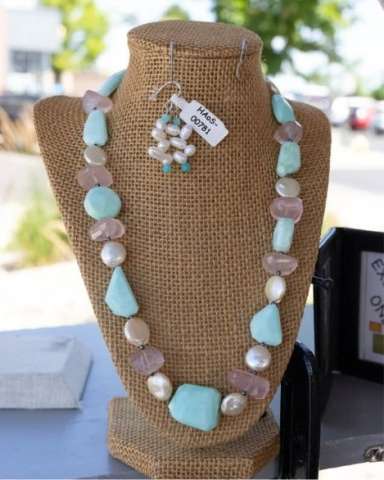 Necklace and Earrings; Necklace Contains Pink Rose Quartz, Peruvian Blue Opal, and White Freshwater Disc-Shaped Pearls With Sterling Silver Findings; Earrings Contain Coordinating White Freshwater Pearls and Tiny Amazonite Rounds on Sterling Silver Hooks.