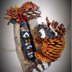 Handmade Pinecone Raccoon & Babies