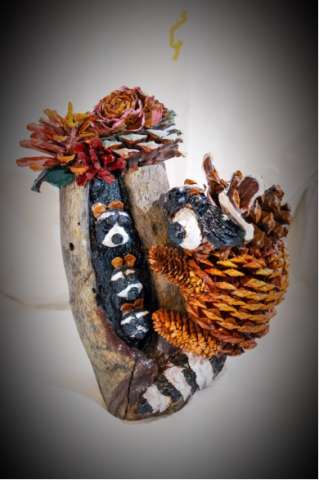Handmade Pinecone Raccoon & Babies