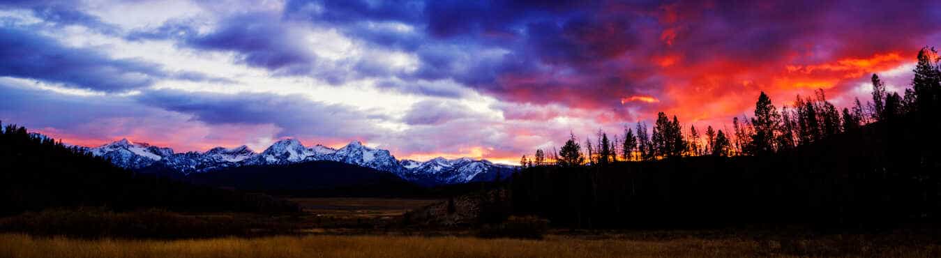 A dramtic sunset over the Sawtooth mountain range in Stanley, Idaho