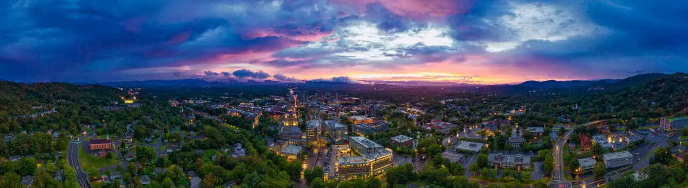 Asheville, North Carolina aerial view at sunset