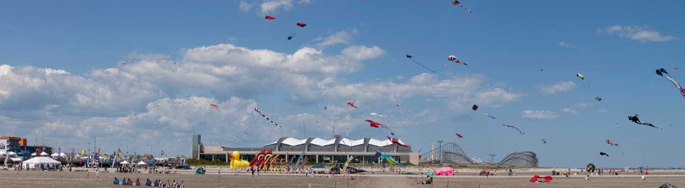 Colorful Kites in a clear blue sky at the Wildwood Kite Festival in New Jersey