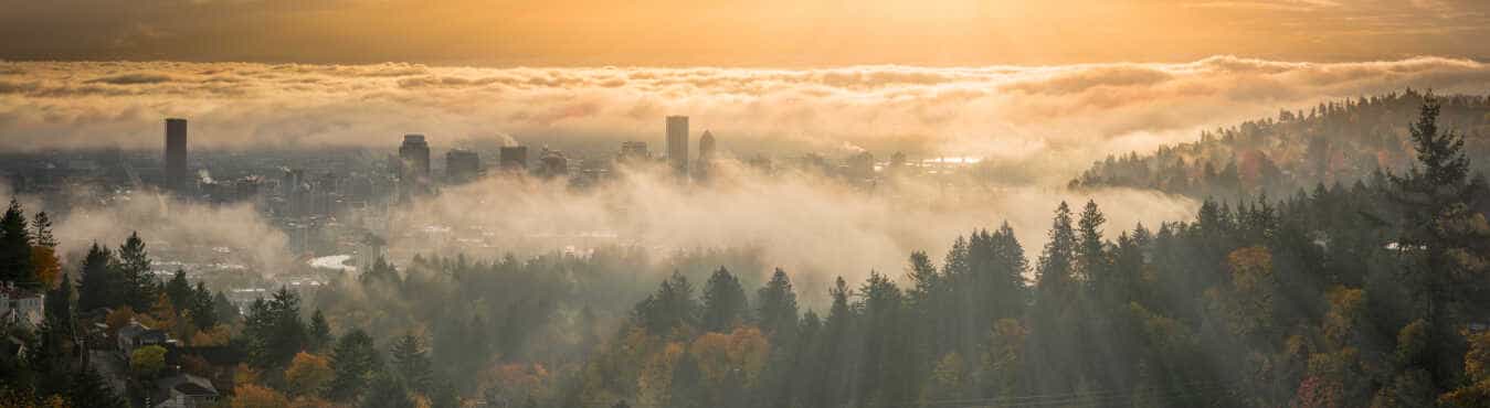 Portland, Oregon among misty rolling fog and autumn foliage at dawn