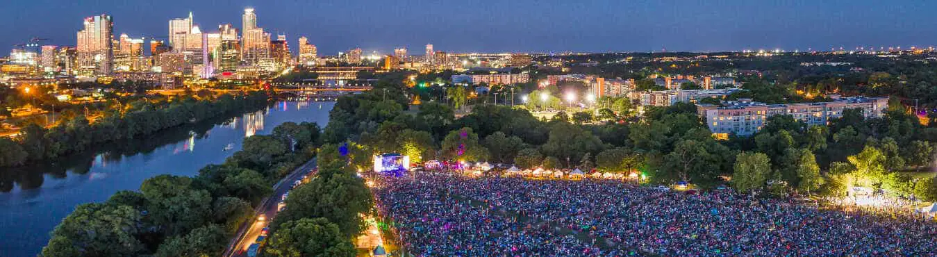 Aerial view of a large music festival in Austin, Texas