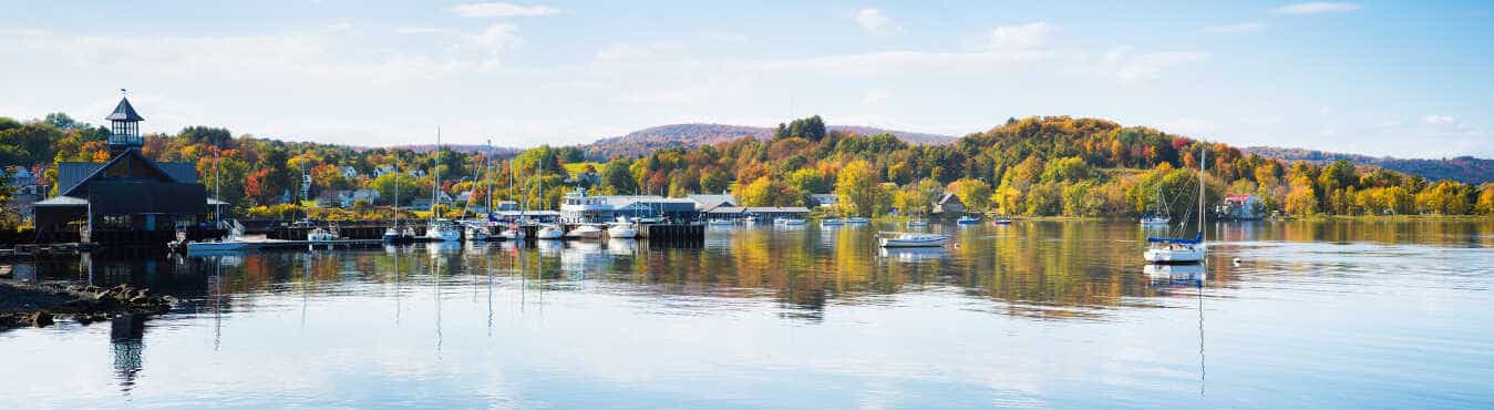A marina in Newport, Vermont on a clear autumn day