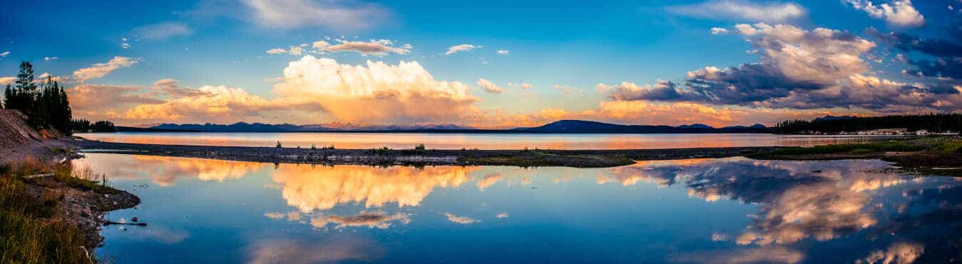 Yellowstone Lake Panorama from the West Thumb Geyser Basin at sunset in Wyoming