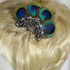 peacock feather and rhinestone crystal hair comb