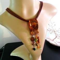 Hammered Copper & Czech Glass Leather Necklace