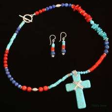 20" Sterling Silver Turquoise Coral Lapis Cross Necklace and Earrings