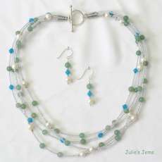 18" Sterling Silver Adventurine Freshwater Pearls Swarovski Crystal Seed Bead Necklace and Earrings