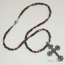 23" Magnetized Hematite Coral Pewter Crucifix Necklace