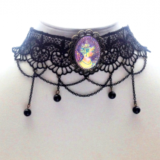 Stunning Black Lace Steampunk Choker With Iridescent Cameo Pin, Renaissance, Victorian, Wedding, Hol